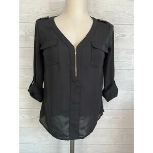 Candie’s semi-sheer black  roll tab blouse Size Small
